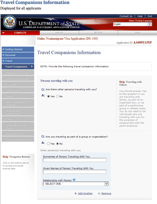 Información de acompañante de viaje a Estados Unidos