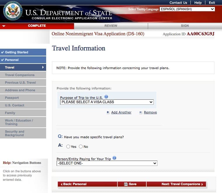 Información de viaje DS-160